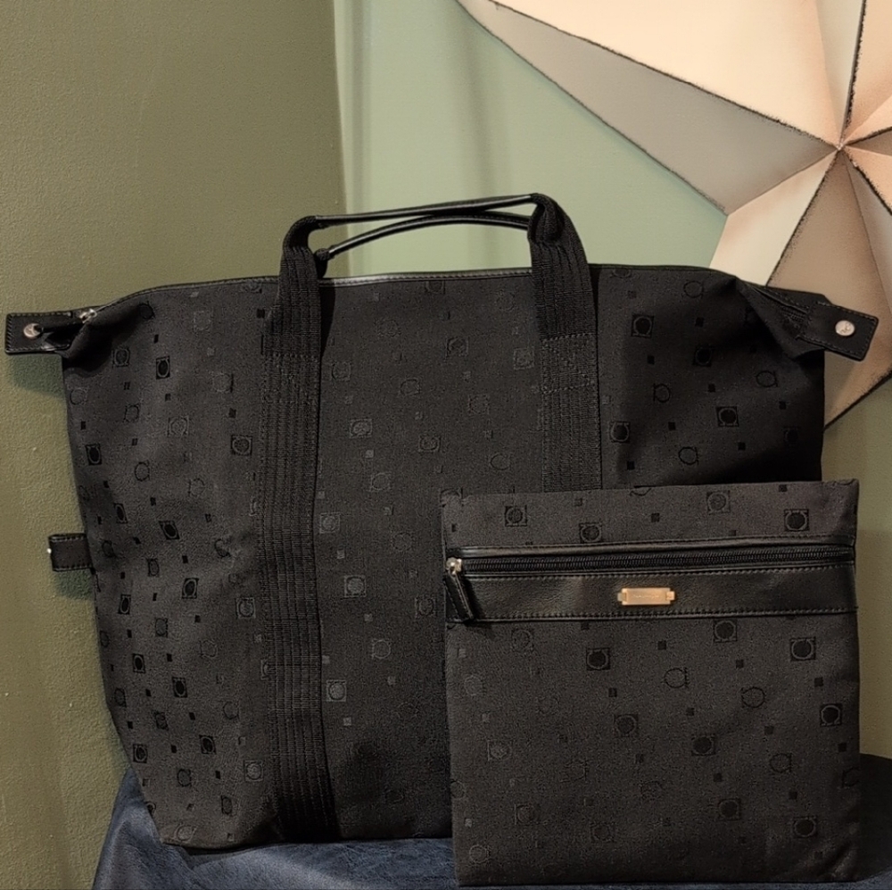 Salvatore Ferragamo Black Tote Bag Set Italy Large Logo Men Women Travel
